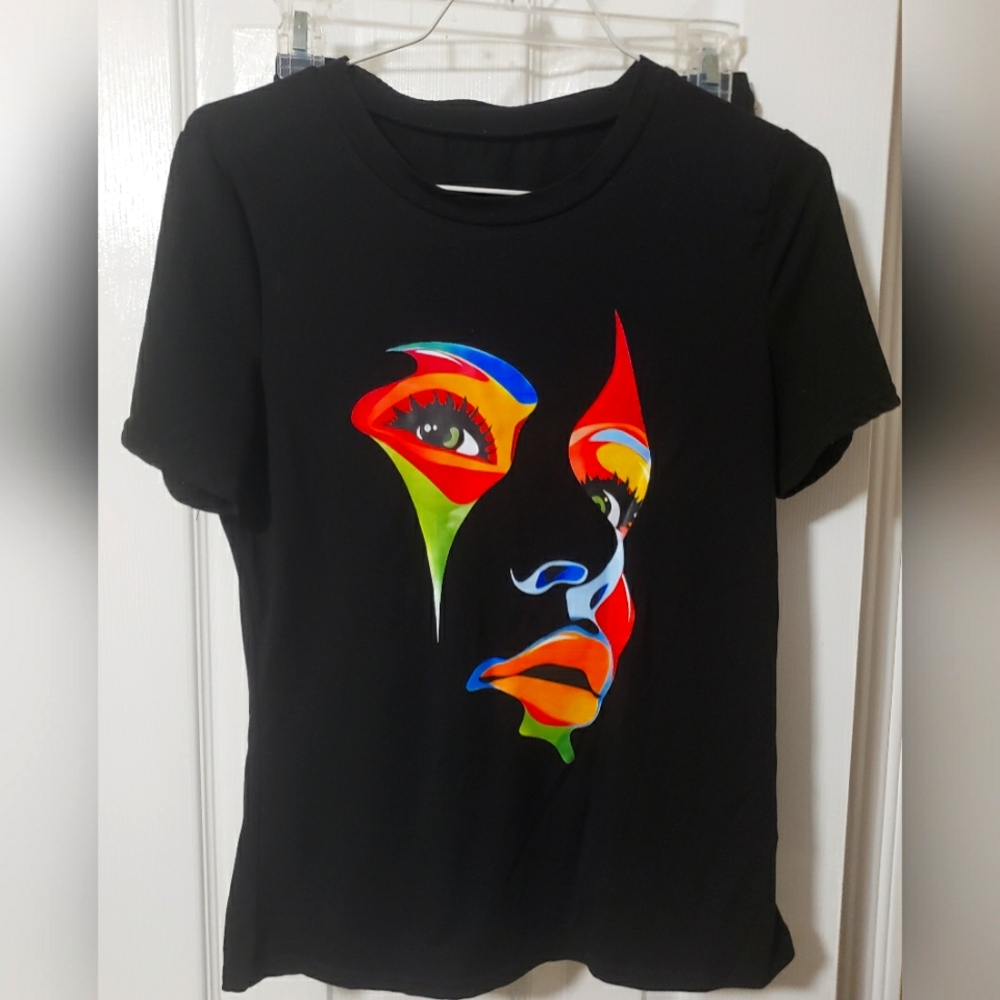 Black T-Shirt and Short Set with Colorful Face Design